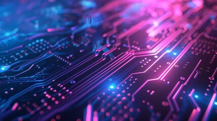 Fototapeta premium Abstract Futuristic Circuit Board with Neon Lights in Close-Up, High Tech Innovation