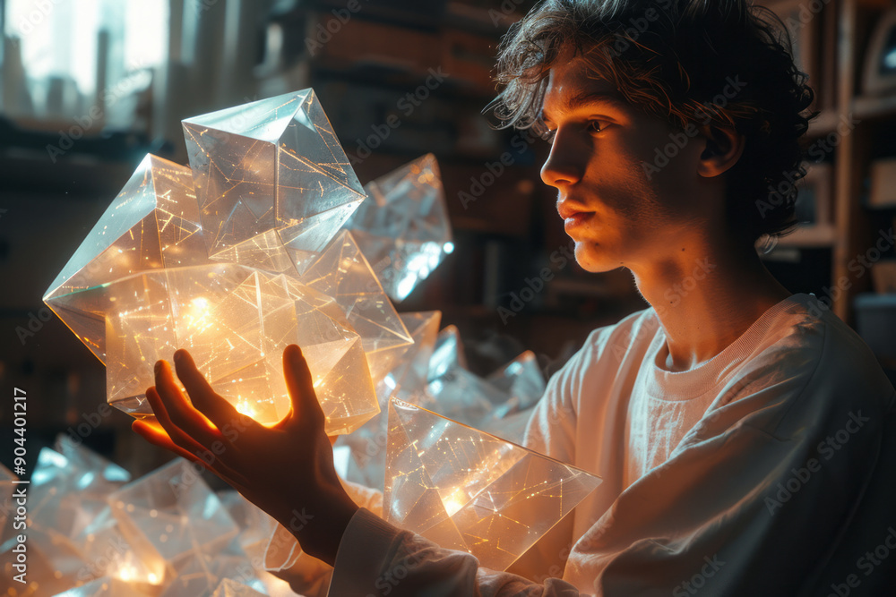 Poster clean image of an illusionist controlling floating geometric shapes with hand gestures, illuminated 