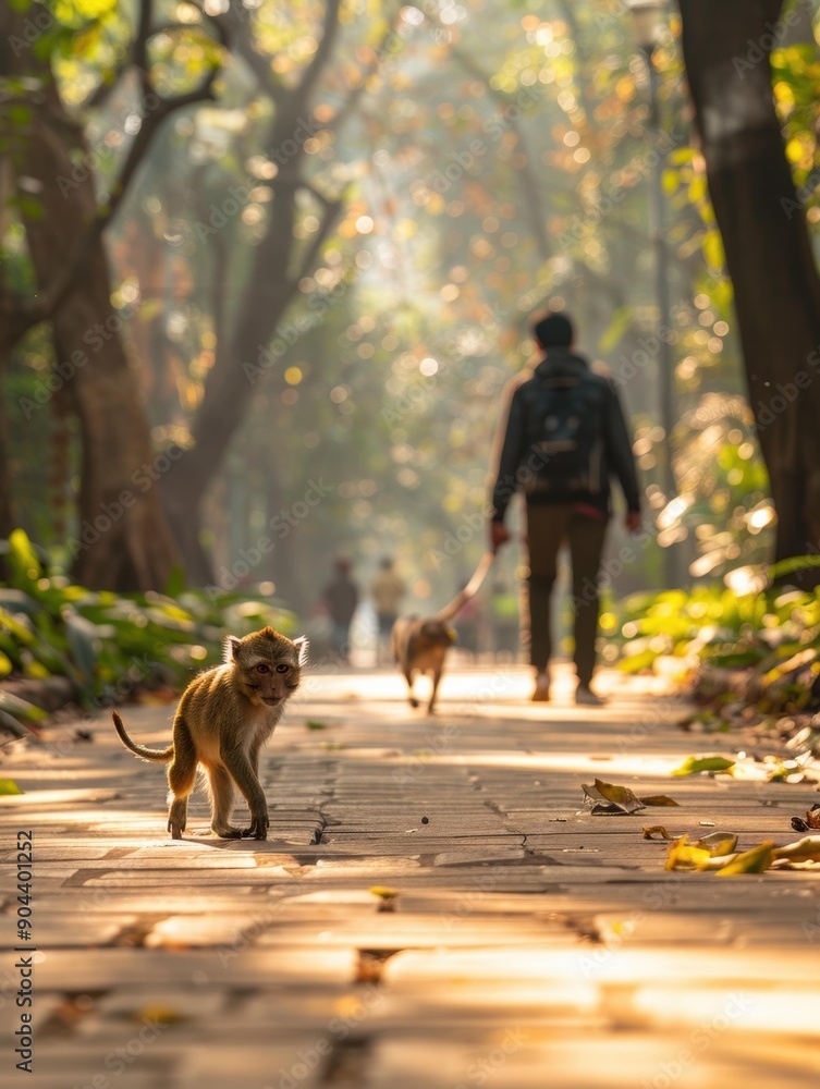 Poster A monkey walks on a paved path in a park. AI.