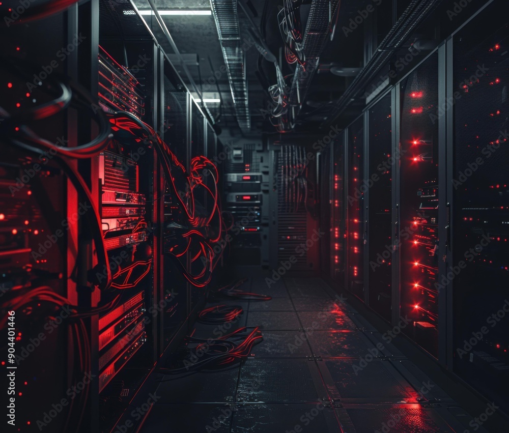 Poster a server room with rows of servers and red lights. ai.