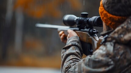 A man in a camo jacket is holding a rifle and aiming at a target