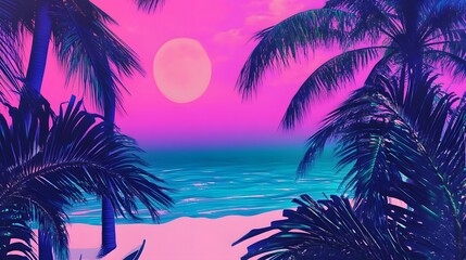 Silhouettes of palm trees against a vibrant pink and blue sunset.