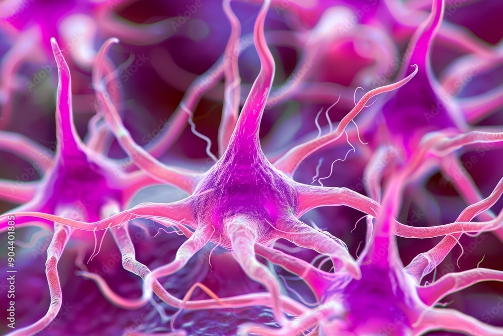 Poster vivid pink neuron activity in a microscopic view illustrating dynamic synaptic interactions.