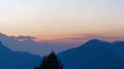 Tranquil morning view over Annapurna mountain range from Poon Hill Trek, Nepal