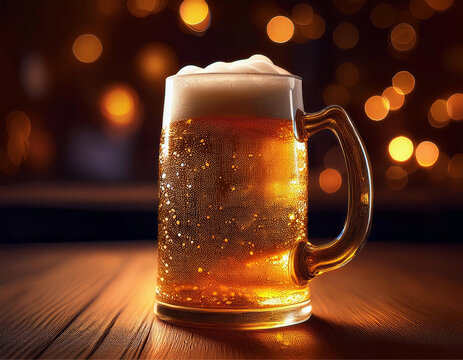 Uma caneca de vidro com cerveja gelada sobre o balc&atilde;o do pub.
