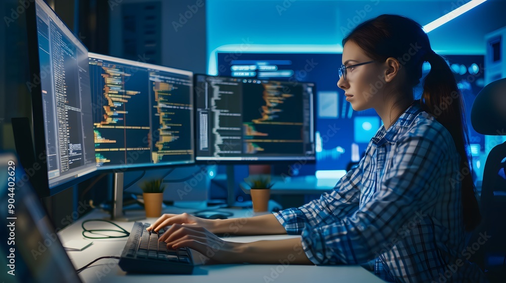 Poster Focused woman programmer working late at night.