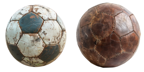 Two old soccer balls in comparison, highlighting the evolution of soccer ball design from vintage leather to modern materials. transparent background