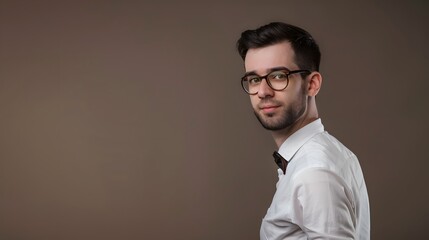 Obraz premium A young man in glasses and a white shirt looks over his shoulder.