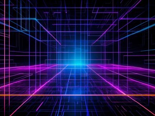 Abstract geometric line pattern grid with glowing edges, pixelated texture, neon, digital art.