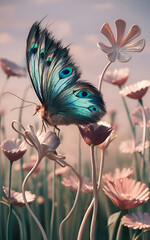 beautiful art with  butterfly on flower in blossoming field. Digital artwork. close up.  Ai genarated