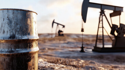 close-up of a classic oil barrel beside a pumpjack