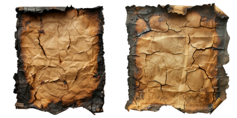 Two vintage, burnt parchment papers with aged textures, perfect for historical themes, scrapbooking, or creative project backgrounds. transparent background