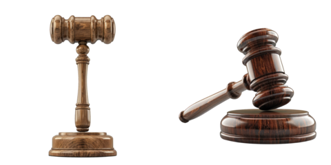 Two wooden gavels, one upright and one resting on a sounding block, symbolizing justice and law in a transparent background. transparent background