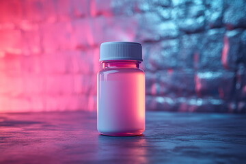 Minimalist representation of a bottle of collagen supplements, with a gradient hologram background, highlighting skin rejuvenation,