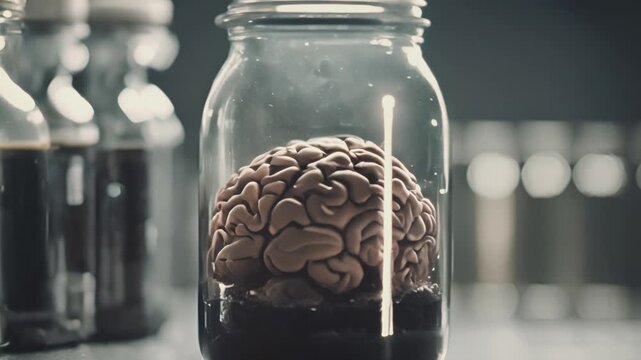 Brain in a jar on a metal shelf. Biological laboratory. Sci-fi, horror background. High quality 4k footage