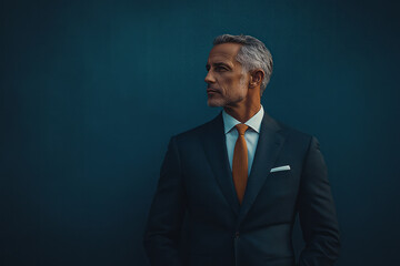 Fototapeta premium Minimalist image of a distinguished gentleman in a tailored suit, set against a plain, elegant backdrop,