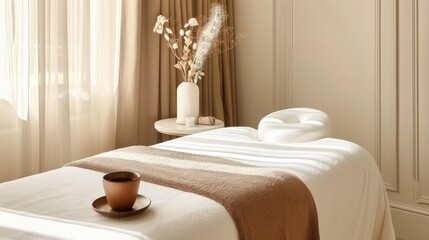 A bright treatment room features an adjustable massage table, large windows with drapes, and a potted plant, creating a calming atmosphere for clients