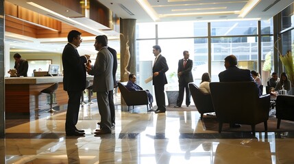 Businessmen in a hotel lobby, standing and sitting, talking and relaxing.