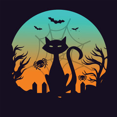 Halloween T-Shirt Design Vector, Features a spooky black cat with arched back, a full moon, and scattered autumn leaves. Easy to print and suitable for men, women, and children.