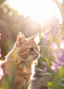 A beautiful orange cat in a garden looking up. Peaceful tranquil nature scene with a healthy, happy kitty.