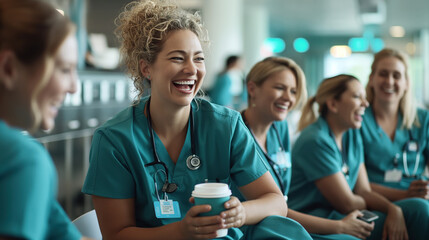 Group of female nurses in scrubs laughing and enjoying coffee during a break in a hospital setting.