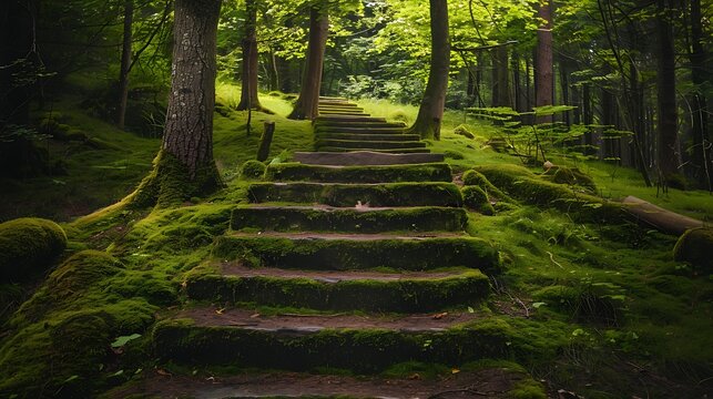 A mossy staircase in a forest with trees lining both sides - Powered by Adobe