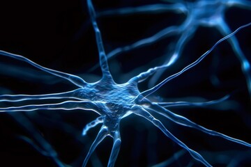 Ethereal blue neuron network on dark background depicting synaptic connections and cognitive pathways.