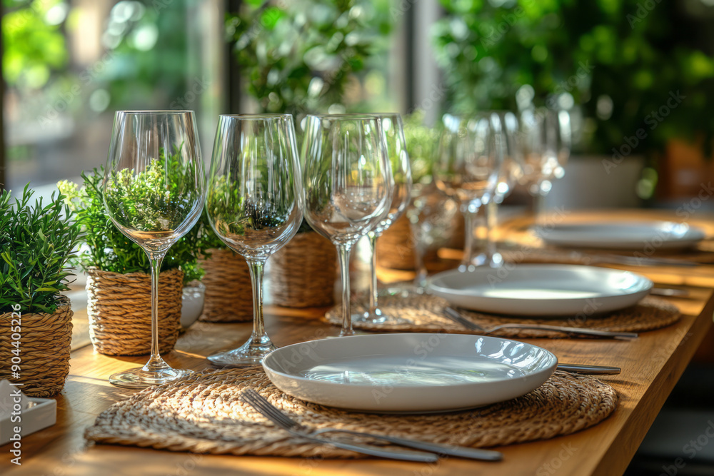 Poster sleek design showcasing a forest banquet with clear glassware and simple, white plates set on a rust