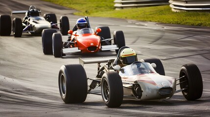 Vintage race cars speed around a track.