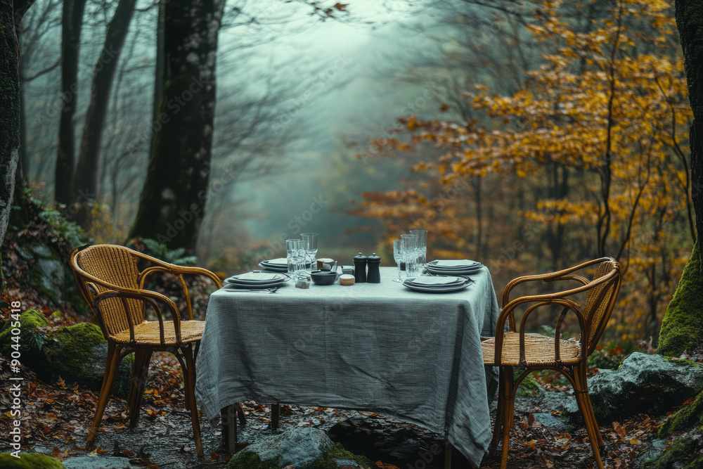 Poster minimalist representation of a dining setup with natural wood elements and minimalistic decor in a f