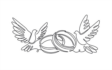 Hand drawn one line vector.Wedding day. Wedding rings and flying pigeons vector one continuous  line art. Illustration with quote template. Can used for logo, banner, booklet, flyer, brochure