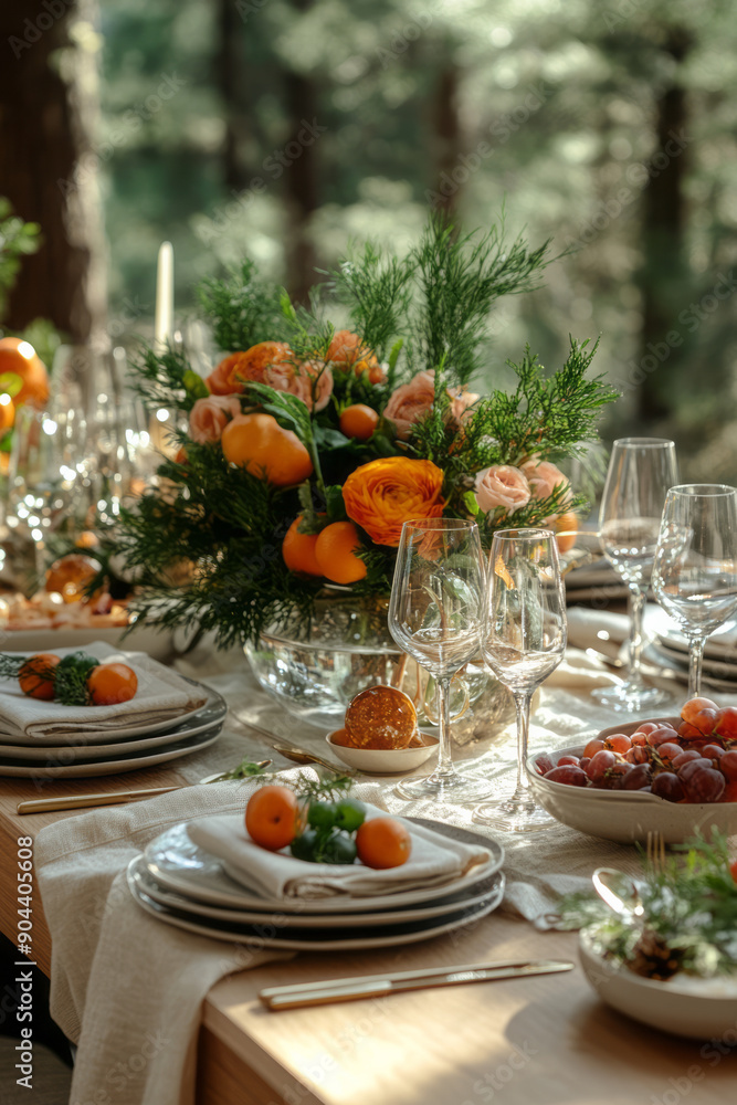Poster clean depiction of a dining setup with neutral linens and natural elements, creating a serene forest