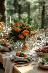 Fototapeta premium Clean depiction of a dining setup with neutral linens and natural elements, creating a serene forest banquet experience,