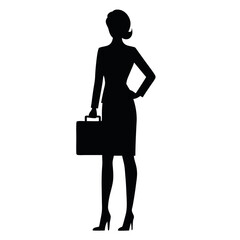 a professional business woman stand with suitcase, brifcase, vector silhouette, slim and beautiful woman