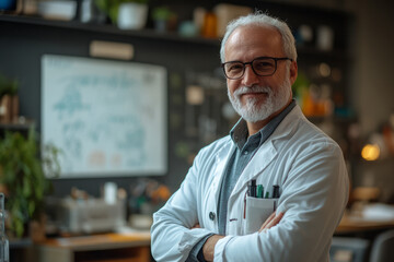 Minimalist representation of a scientist giving a lecture, with a simple whiteboard and clean, organized workspace,