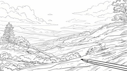 Lukisan gunung yang belum diwarnai. Lukisan pemandangan alam cocok untuk belajar gambar. Hanya line artnya saja.