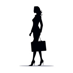 a professional business woman stand with suitcase, brifcase, vector silhouette, slim and beautiful woman