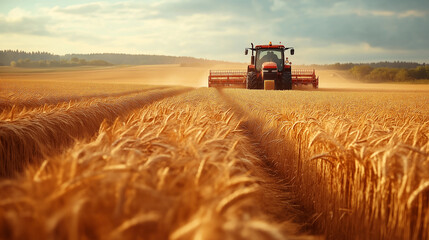 Obraz premium Tractor harvesting and baling wheat field