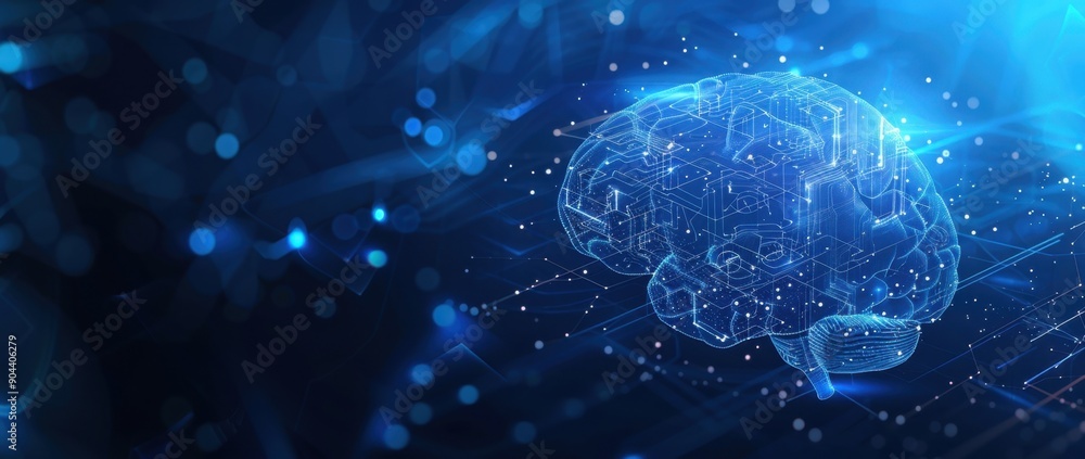 Aufkleber digital blue background with chip and brain symbol for artificial intelligence technology, business 