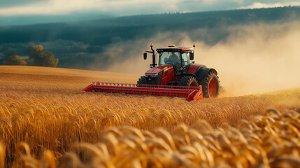 Obraz premium Tractor harvesting and baling wheat field