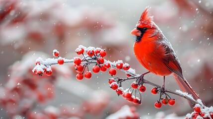 A red cardinal perched on a branch covered in snow