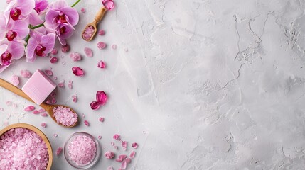 A calming spa setup with bowls of pink Himalayan salt, essential oil bottle, delicate flowers, and a soothing candle arranged on a light grey surface
