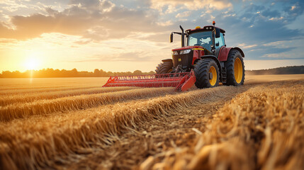 Fototapeta premium Tractor harvesting and baling wheat field