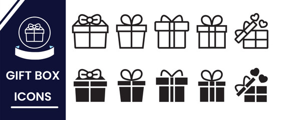 Set of Gift box icon, silhouette, vector. Gift box with ribbon, Presentation gift box vector, line icon, silhouette. Gift wrapping and Christmas gift box icon illustration. Vector illustration.