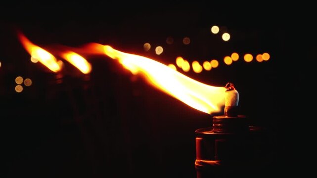A close up shot of a line of lit torches, their flames glowing warmly in the dark night. The foreground torch is in sharp focus, while the others blur into the background, creating a serene