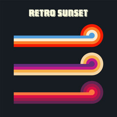 Vintage sunset collection. Various colorful striped sunrise badges in 80s and 90s style. Sun and ocean view, summer vibes, surfing. Design element for print, logo or t-shirt. Vector illustration