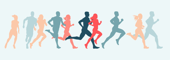 Run, group of running people. Set of isolated vector silhouettes of sport athletes