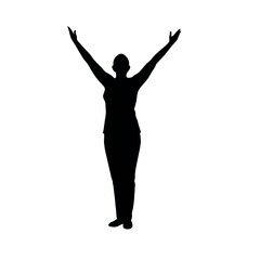 a professional slim business woman doing yoga with expand her two hand up on, vector silhouette, isolated white background 