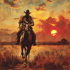 Fototapeta premium Lone Rider at Sunset: A solitary cowboy on horseback rides into a breathtaking desert sunset, his journey a testament to resilience and the wild spirit of the west. 
