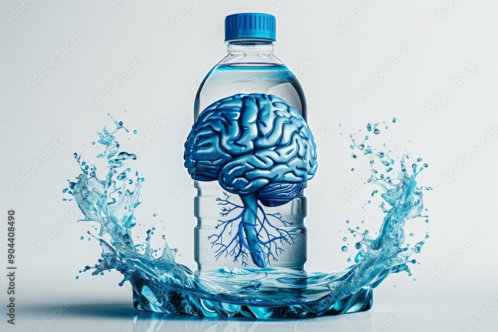 Poster dynamic splash of water from a brain shaped bottle visualizing mental refreshment and creative hydra
